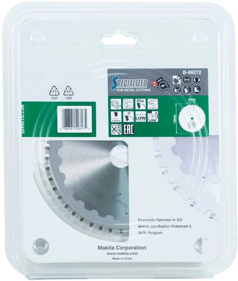 Makita T.C.T. pjūklas EFFICUT METAL 136X1.1X20mm 0° T45 B-69272 T.C.T • 136 x20 mm • T45 • 0° • Metalui/Nerūd. plienui