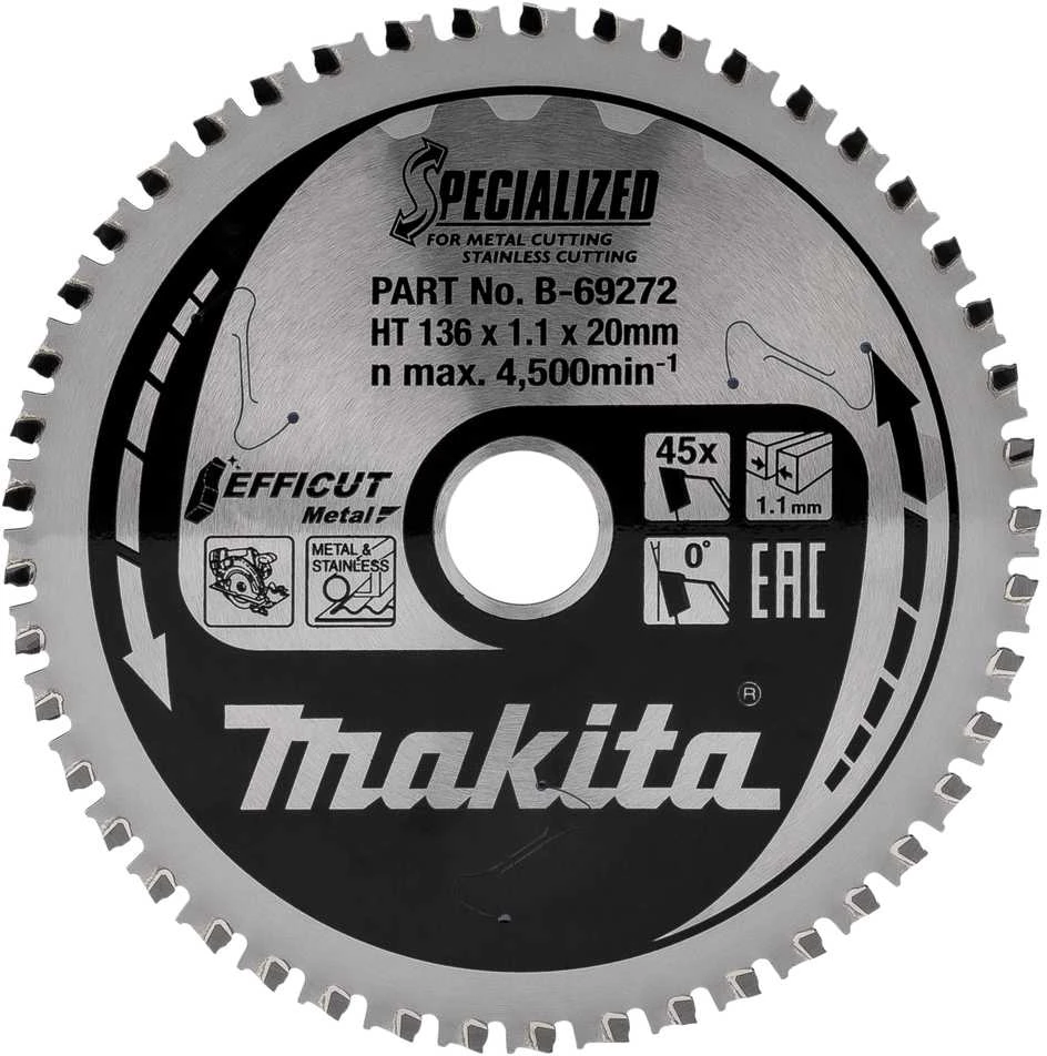 Makita T.C.T. pjūklas EFFICUT METAL 136X1.1X20mm 0° T45 B-69272 T.C.T • 136 x20 mm • T45 • 0° • Metalui/Nerūd. plienui