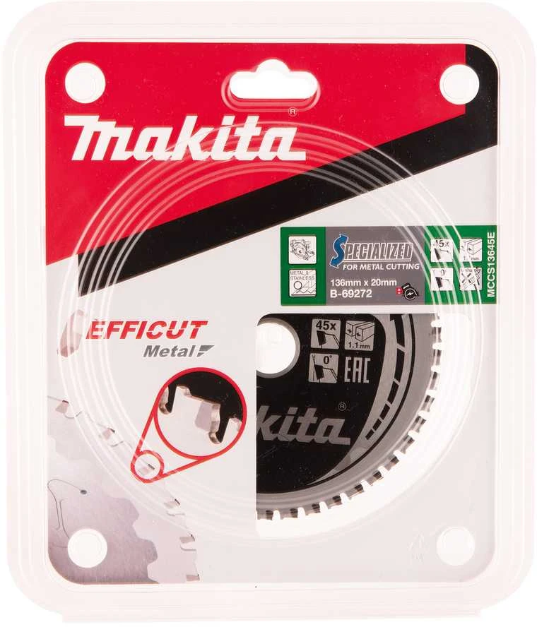 Makita T.C.T. pjūklas EFFICUT METAL 136X1.1X20mm 0° T45 B-69272 T.C.T • 136 x20 mm • T45 • 0° • Metalui/Nerūd. plienui