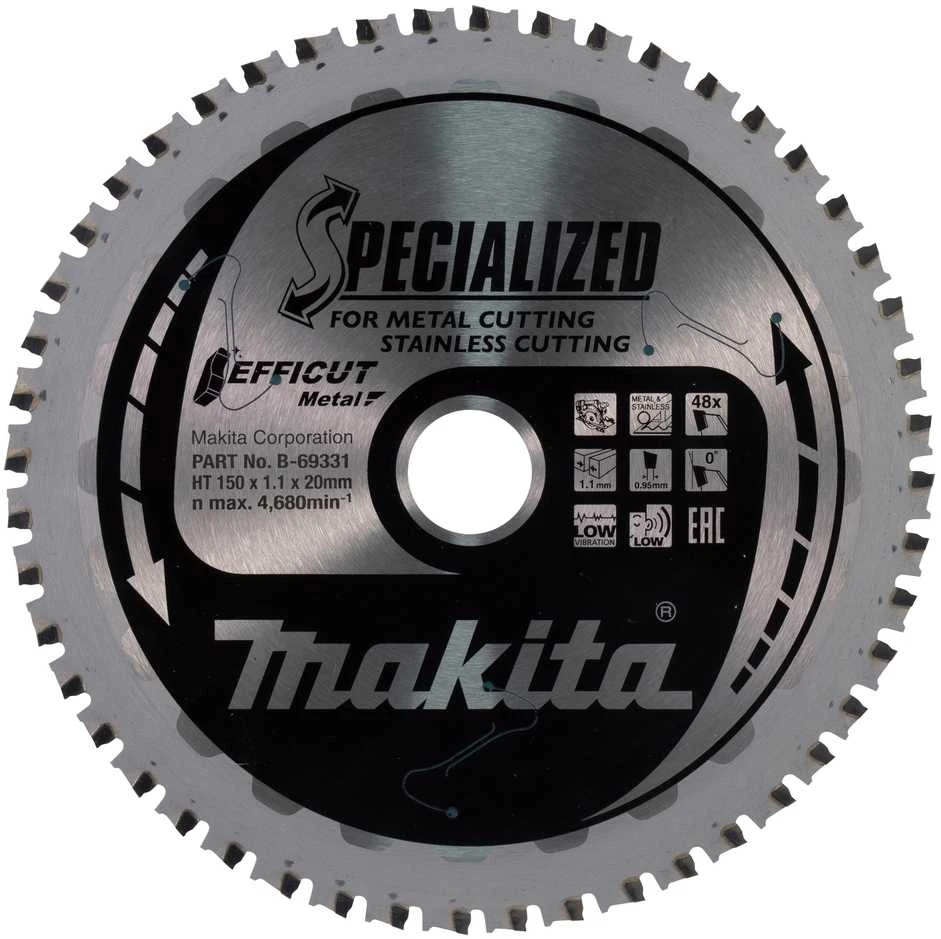 Makita T.C.T. pjūklas EFFICUT METAL 150X1.1X20mm 0° T48 B-69331 T.C.T • 150 x20 mm • T48 • 0° • Metalui/Nerūd. plienui