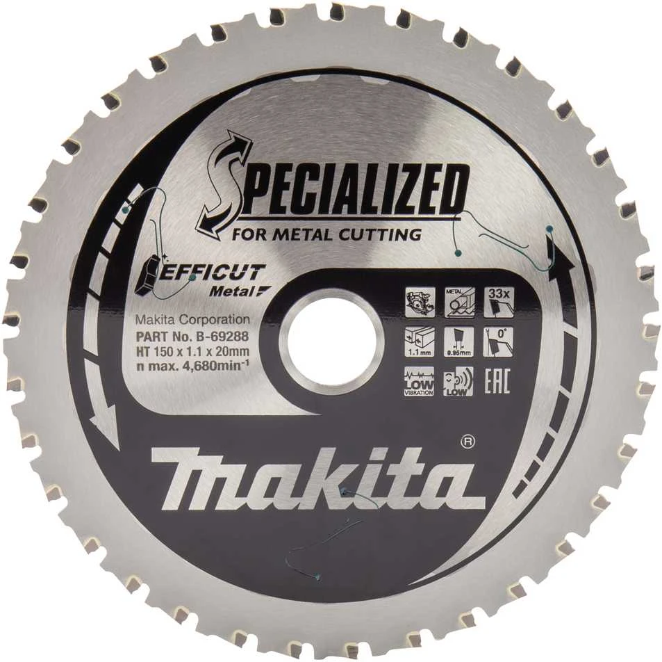 Makita T.C.T. pjūklas EFFICUT METAL 150X1.1X20mm 0° T33 B-69325 T.C.T • 150 x20 mm • T33 • 0° • Metalui