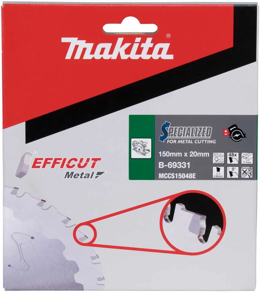 Makita T.C.T. pjūklas EFFICUT METAL 150X1.1X20mm 0° T48 B-69331 T.C.T • 150 x20 mm • T48 • 0° • Metalui/Nerūd. plienui