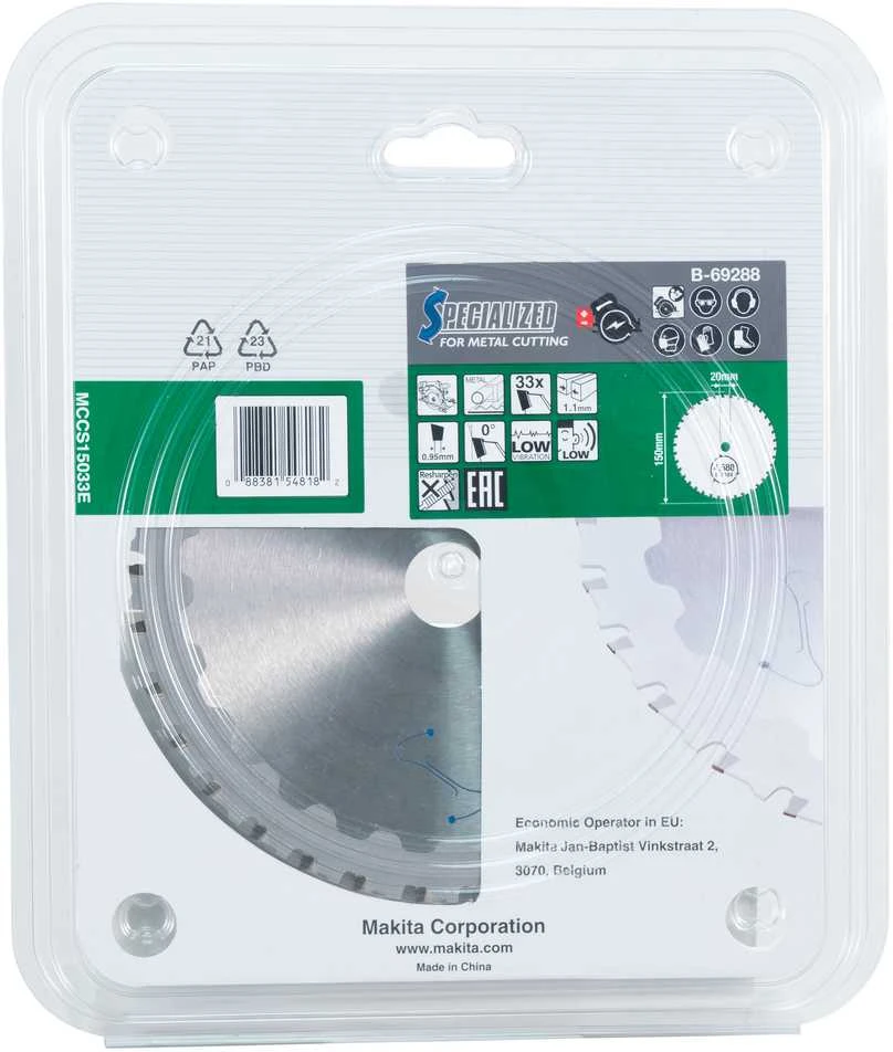 Makita T.C.T. pjūklas EFFICUT METAL 150X1.1X20mm 0° T33 B-69325 T.C.T • 150 x20 mm • T33 • 0° • Metalui
