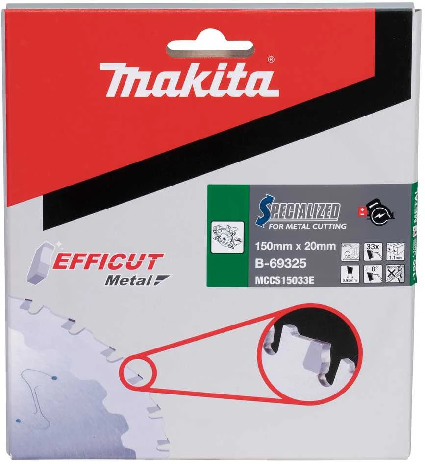Makita T.C.T. pjūklas EFFICUT METAL 150X1.1X20mm 0° T33 B-69325 T.C.T • 150 x20 mm • T33 • 0° • Metalui