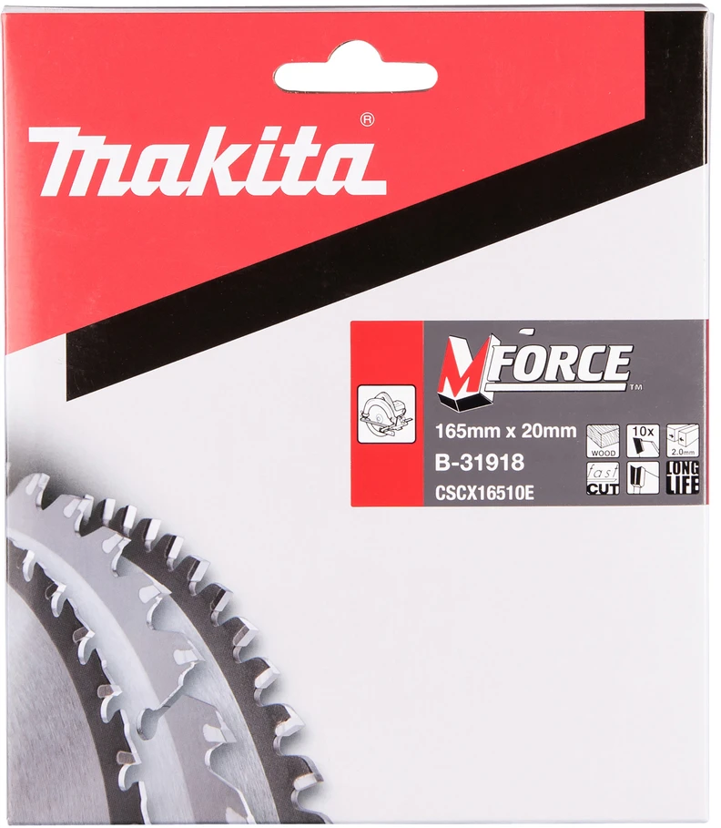 Makita T.C.T. pjūklas M-FORCE 165X2X20mm 15° T10 B-31918 T.C.T • 165 x20 mm • T10 • 15° • Medienai