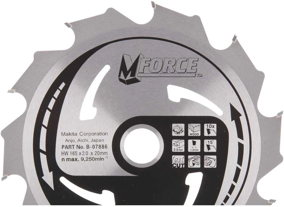 Makita T.C.T. pjūklas M-FORCE 165X2X20mm 15° T10 B-07886 T.C.T • 165 x20 mm • T10 • 15° • Medienai