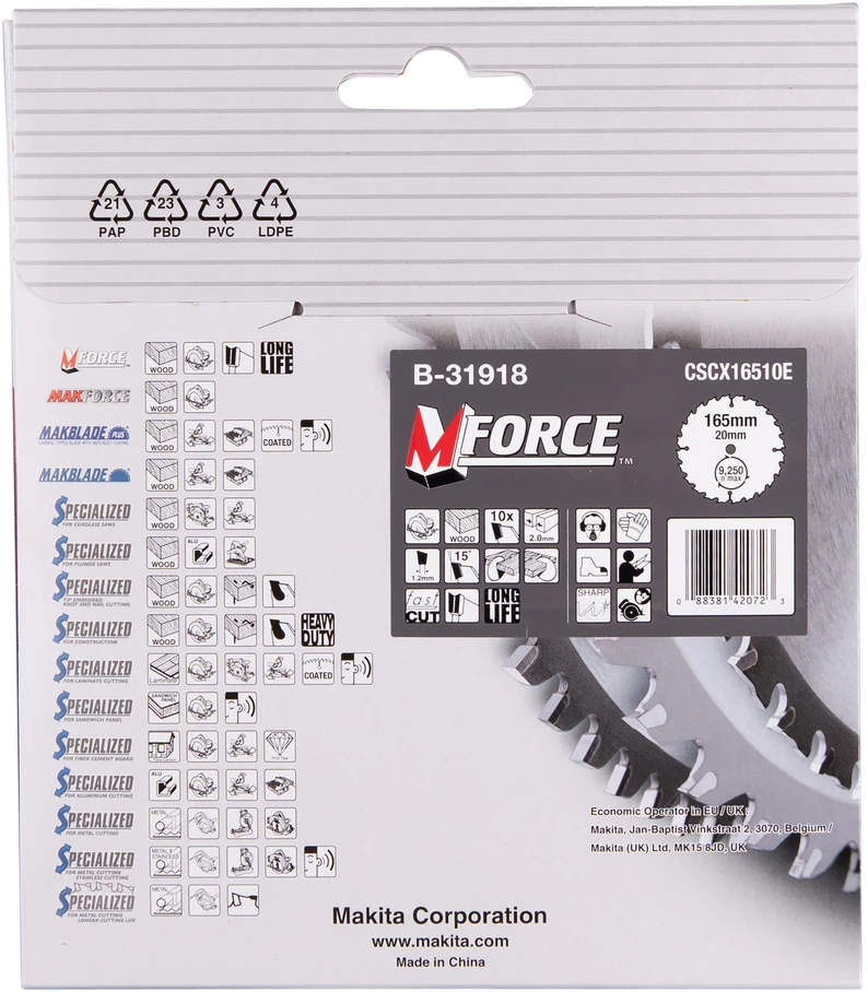 Makita T.C.T. pjūklas M-FORCE 165X2X20mm 15° T10 B-31918 T.C.T • 165 x20 mm • T10 • 15° • Medienai