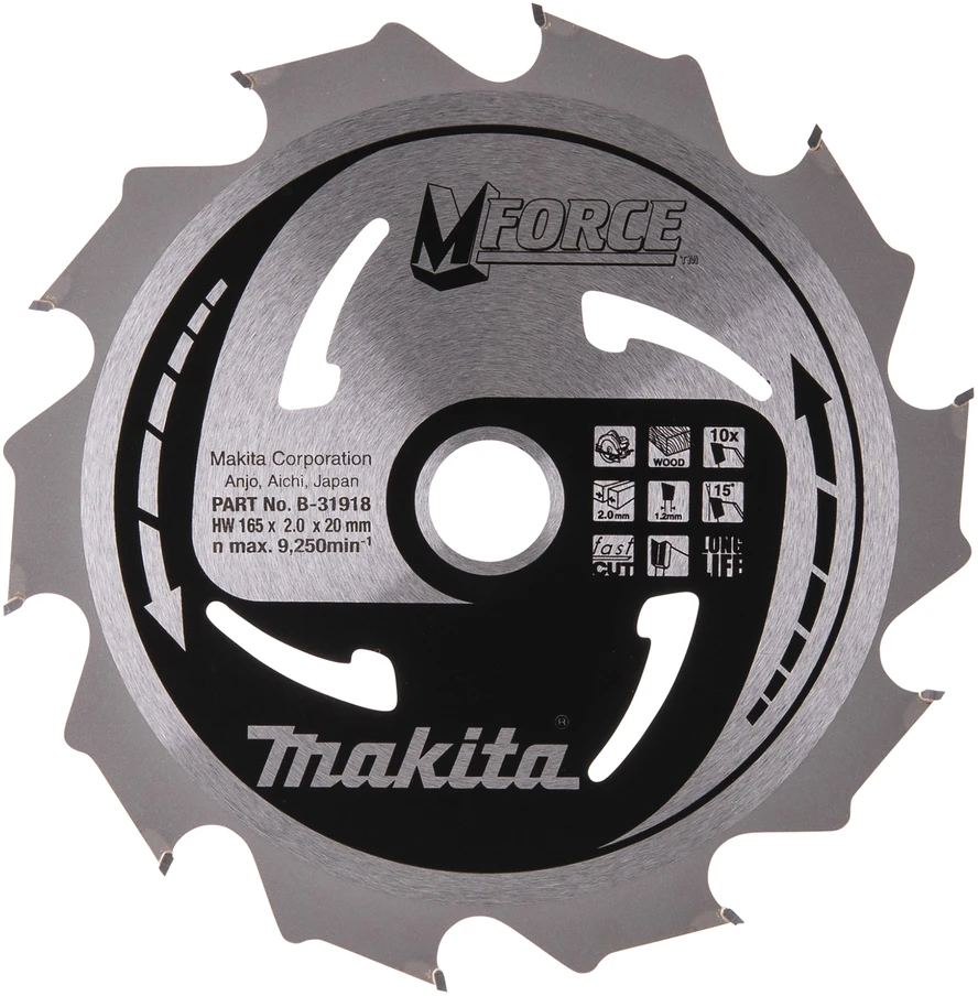 Makita T.C.T. pjūklas M-FORCE 165X2X20mm 15° T10 B-31918 T.C.T • 165 x20 mm • T10 • 15° • Medienai