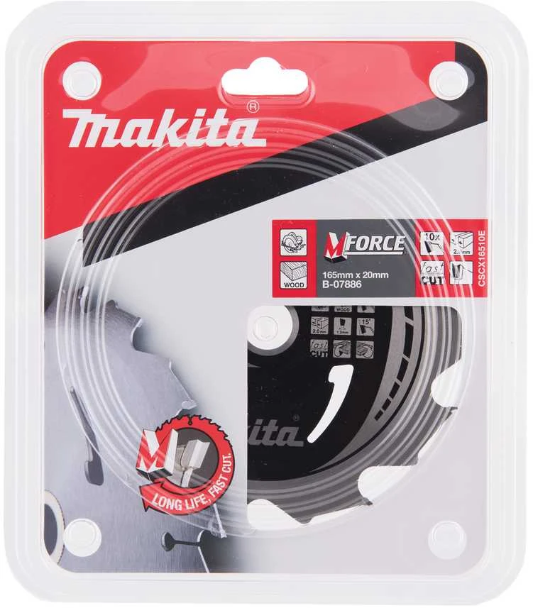 Makita T.C.T. pjūklas M-FORCE 165X2X20mm 15° T10 B-07886 T.C.T • 165 x20 mm • T10 • 15° • Medienai