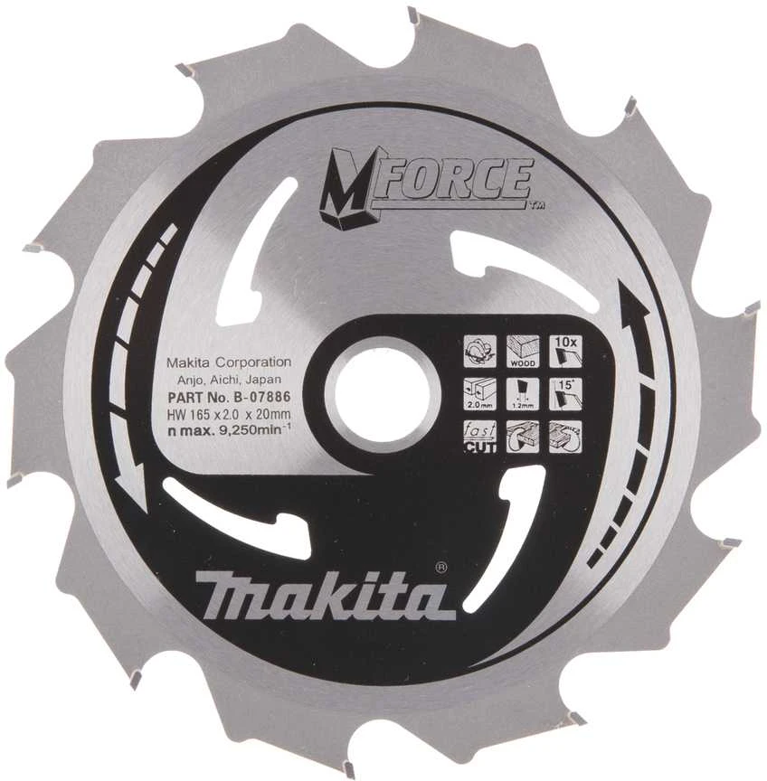 Makita T.C.T. pjūklas M-FORCE 165X2X20mm 15° T10 B-07886 T.C.T • 165 x20 mm • T10 • 15° • Medienai