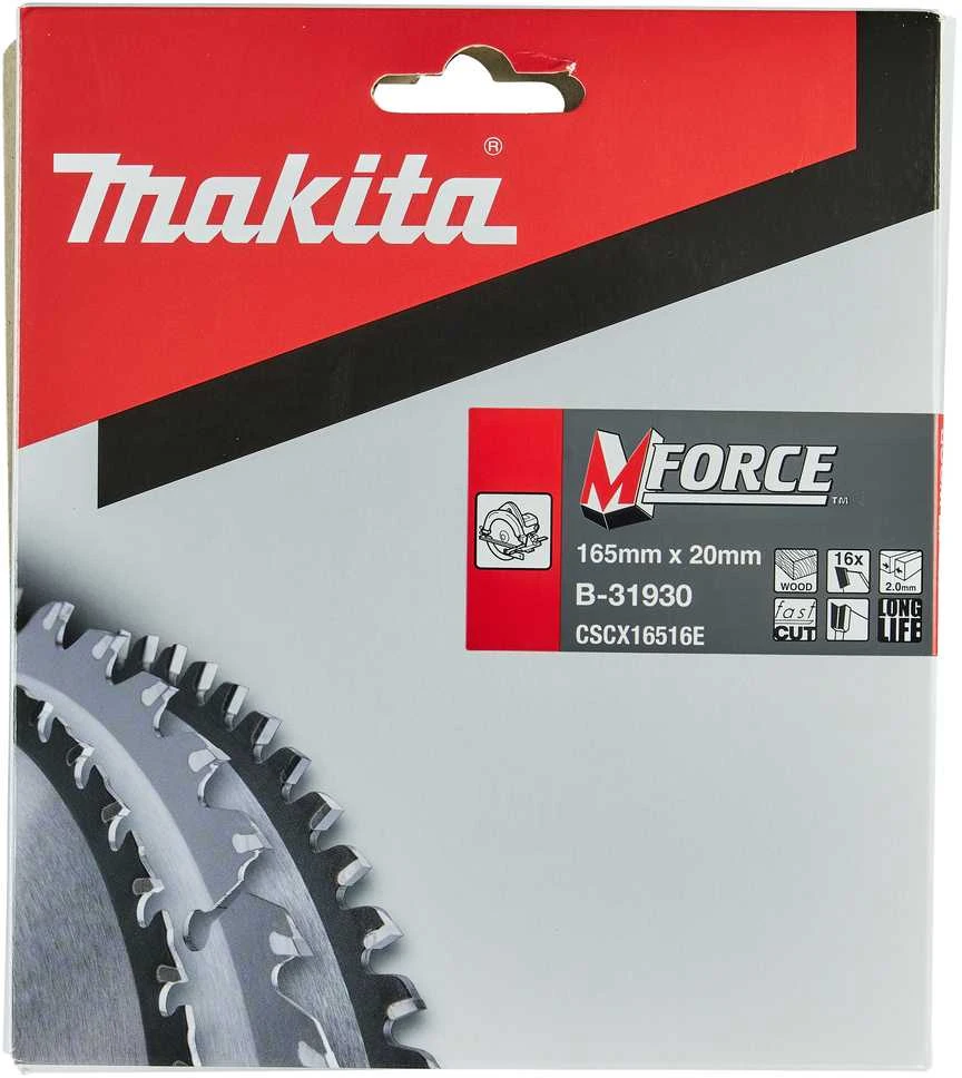 Makita T.C.T. pjūklas M-FORCE 165X2X20mm 15° T16 B-31930 T.C.T • 165 x20 mm • T16 • 15° • Medienai