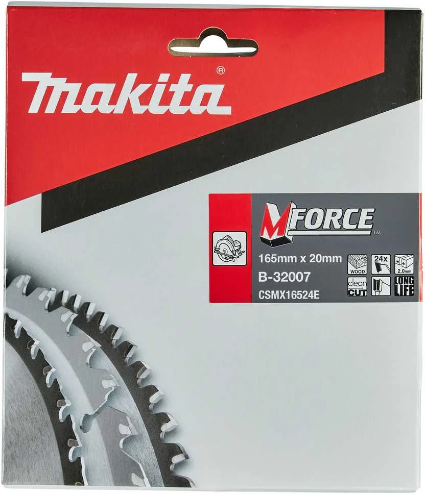 Makita T.C.T. pjūklas M-FORCE 165X2X20mm 15° T24 B-32007 T.C.T • 165 x20 mm • T24 • 15° • Medienai