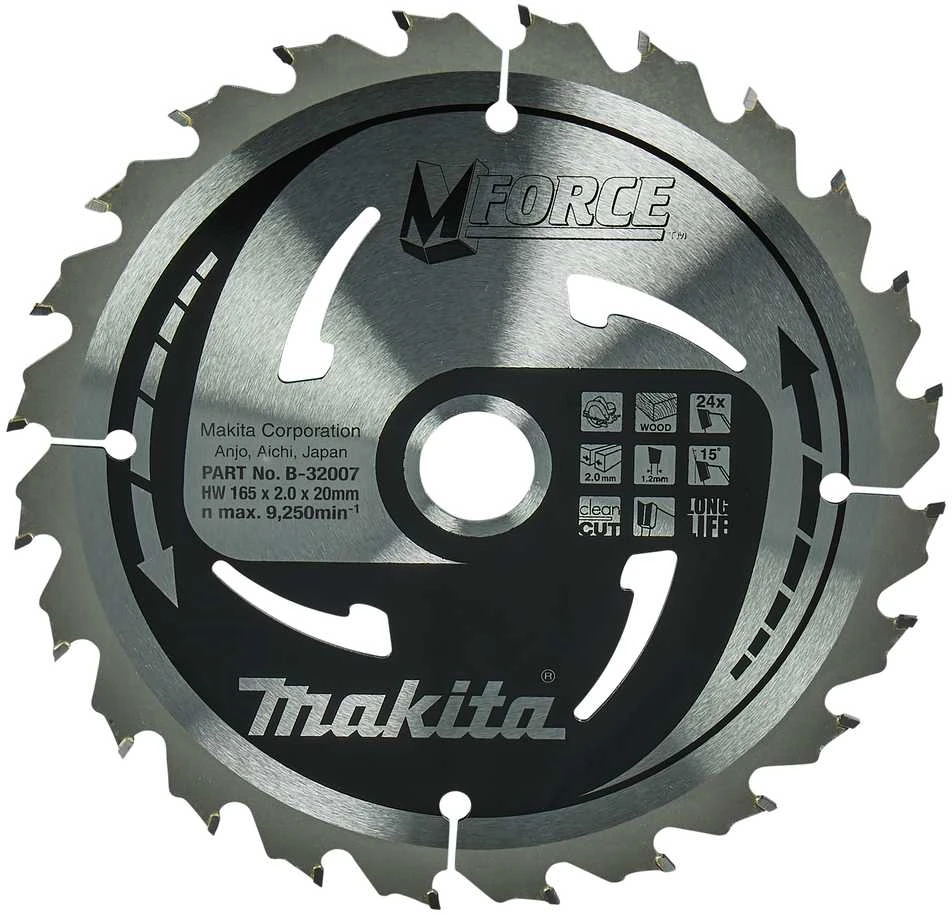 Makita T.C.T. pjūklas M-FORCE 165X2X20mm 15° T24 B-32007 T.C.T • 165 x20 mm • T24 • 15° • Medienai
