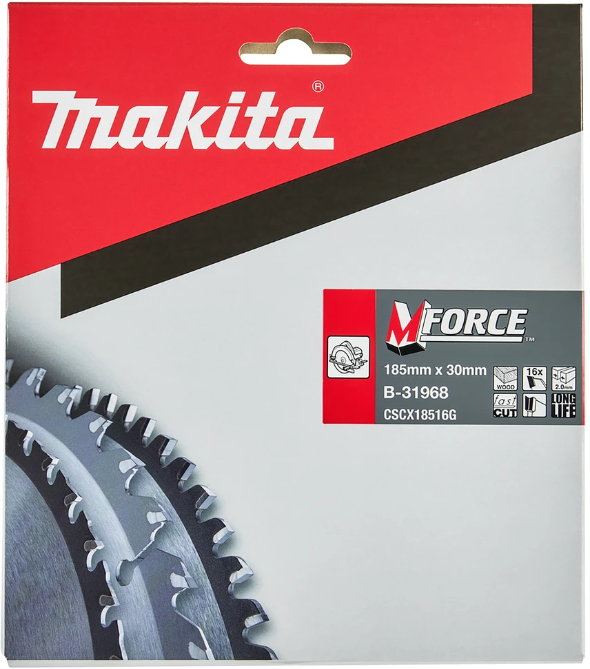 Makita T.C.T. pjūklas M-FORCE 185X2X30mm 15° T16 B-31968 T.C.T • 185 x30 mm • T16 • 15° • Medienai