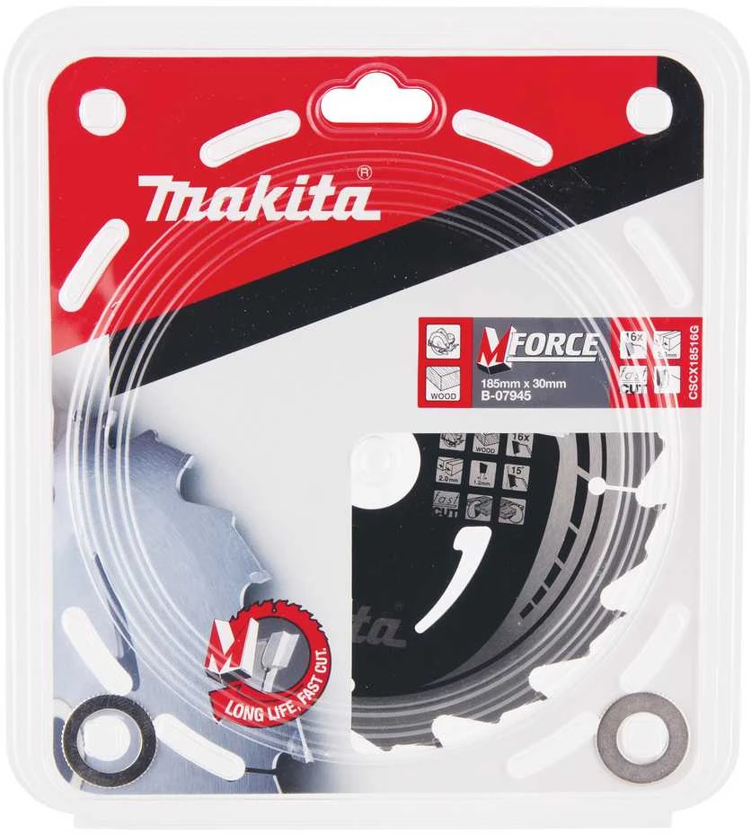 Makita T.C.T. pjūklas M-FORCE 185X2X30mm 15° T16 B-07945 T.C.T • 185 x30 mm • T16 • 15° • Medienai