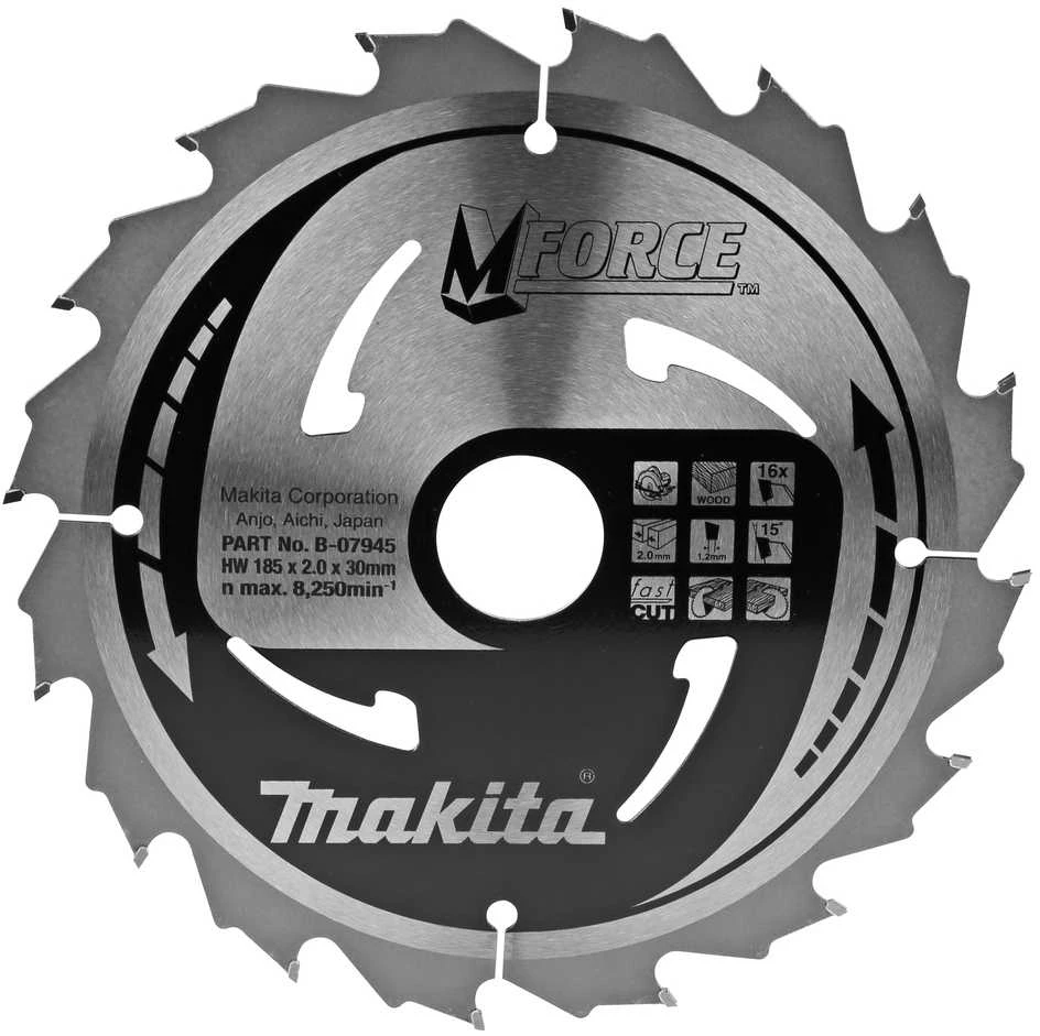 Makita T.C.T. pjūklas M-FORCE 185X2X30mm 15° T16 B-07945 T.C.T • 185 x30 mm • T16 • 15° • Medienai
