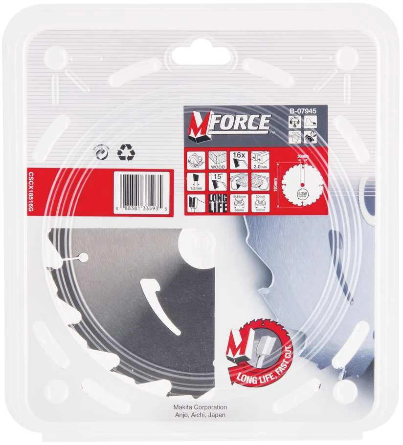Makita T.C.T. pjūklas M-FORCE 185X2X30mm 15° T16 B-07945 T.C.T • 185 x30 mm • T16 • 15° • Medienai
