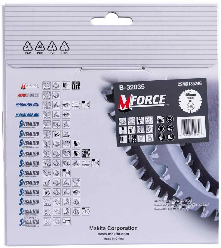 Makita T.C.T. pjūklas M-FORCE 185X2X30mm 15° T24 B-32035 T.C.T • 185 x30 mm • T24 • 15° • Medienai