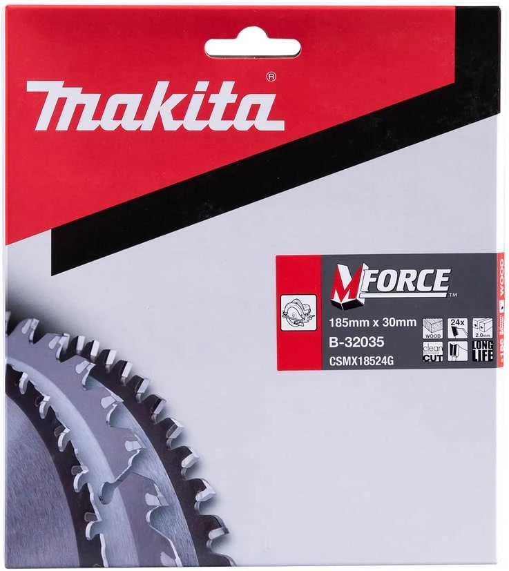 Makita T.C.T. pjūklas M-FORCE 185X2X30mm 15° T24 B-32035 T.C.T • 185 x30 mm • T24 • 15° • Medienai
