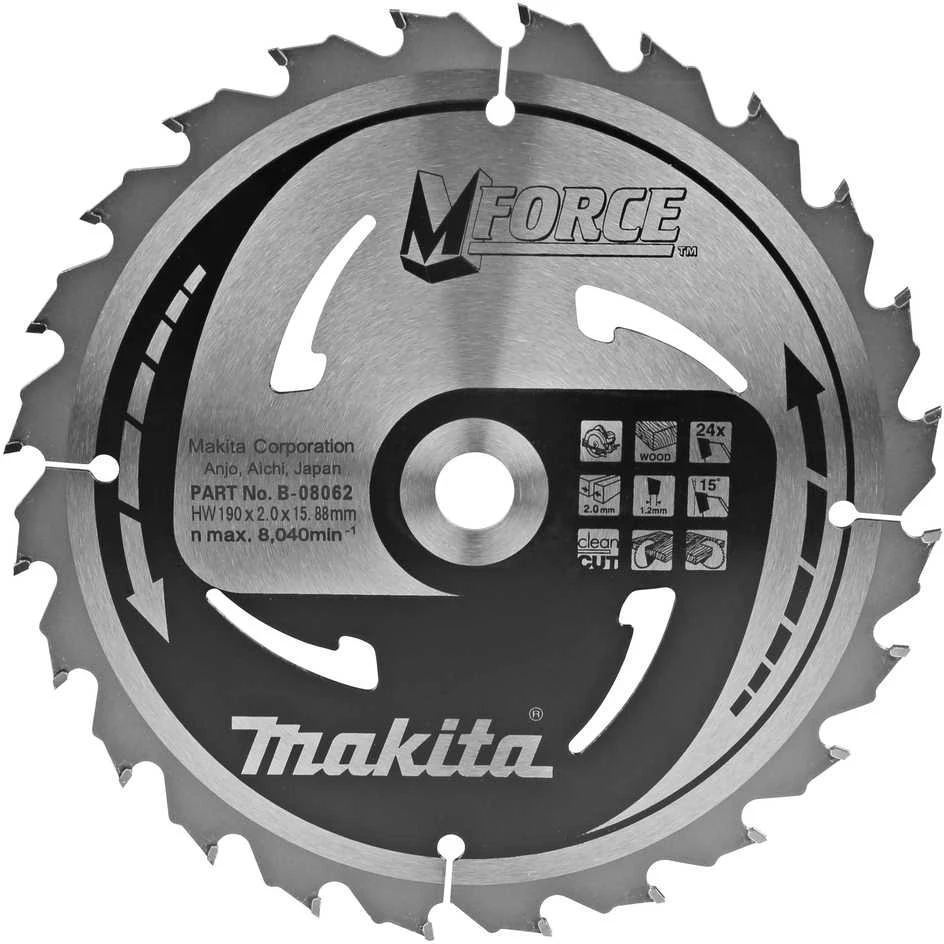 Makita T.C.T. pjūklas M-FORCE 190X2X15.88mm 15° T24 B-08062 T.C.T • 190 x15.88 mm • T24 • 15° • Medienai
