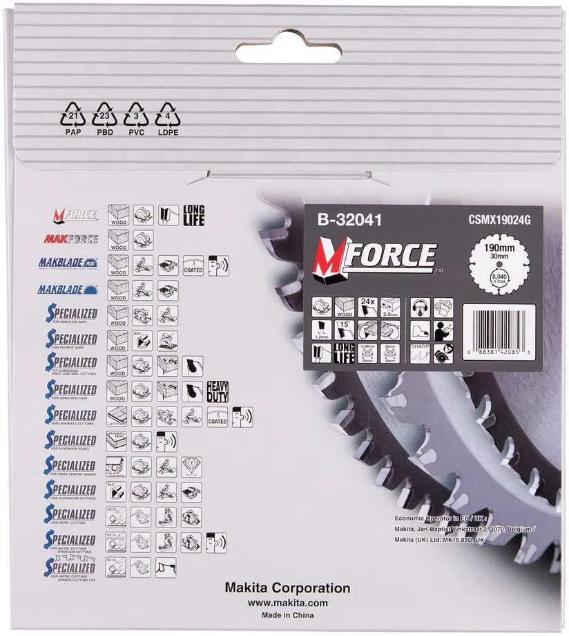 Makita T.C.T. pjūklas M-FORCE 190X2X30mm 15° T24 B-32041 T.C.T • 190 x30 mm • T24 • 15° • Medienai