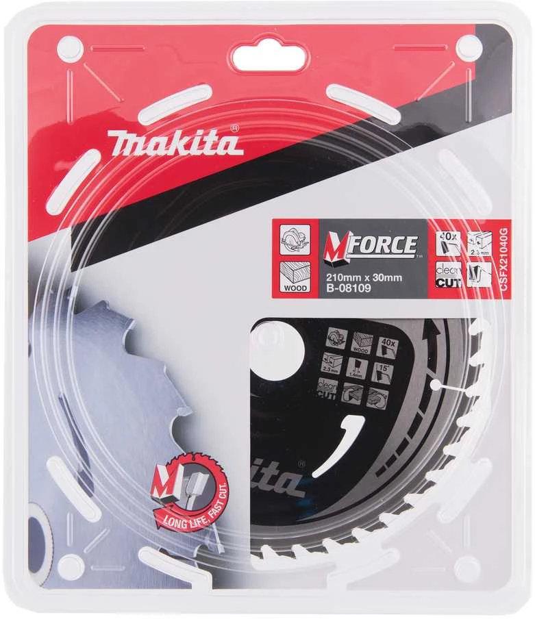 Makita T.C.T. pjūklas M-FORCE 210X2.3X30mm 15° T40 B-08109 T.C.T • 210 x30 mm • T40 • 15° • Medienai