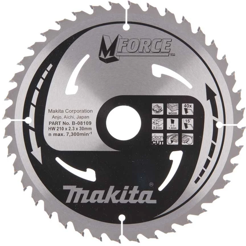 Makita T.C.T. pjūklas M-FORCE 210X2.3X30mm 15° T40 B-08109 T.C.T • 210 x30 mm • T40 • 15° • Medienai