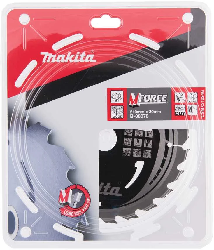 Makita T.C.T. pjūklas M-FORCE 210X2.3X30mm 15° T24 B-08078 T.C.T • 210 x30 mm • T24 • 15° • Medienai