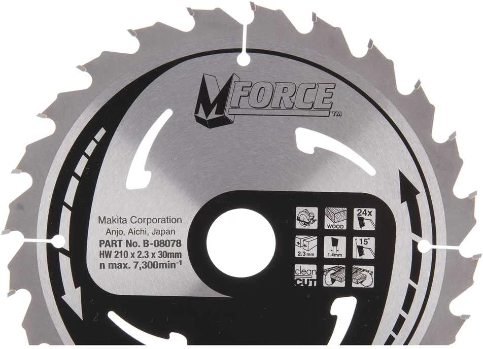 Makita T.C.T. pjūklas M-FORCE 210X2.3X30mm 15° T24 B-08078 T.C.T • 210 x30 mm • T24 • 15° • Medienai