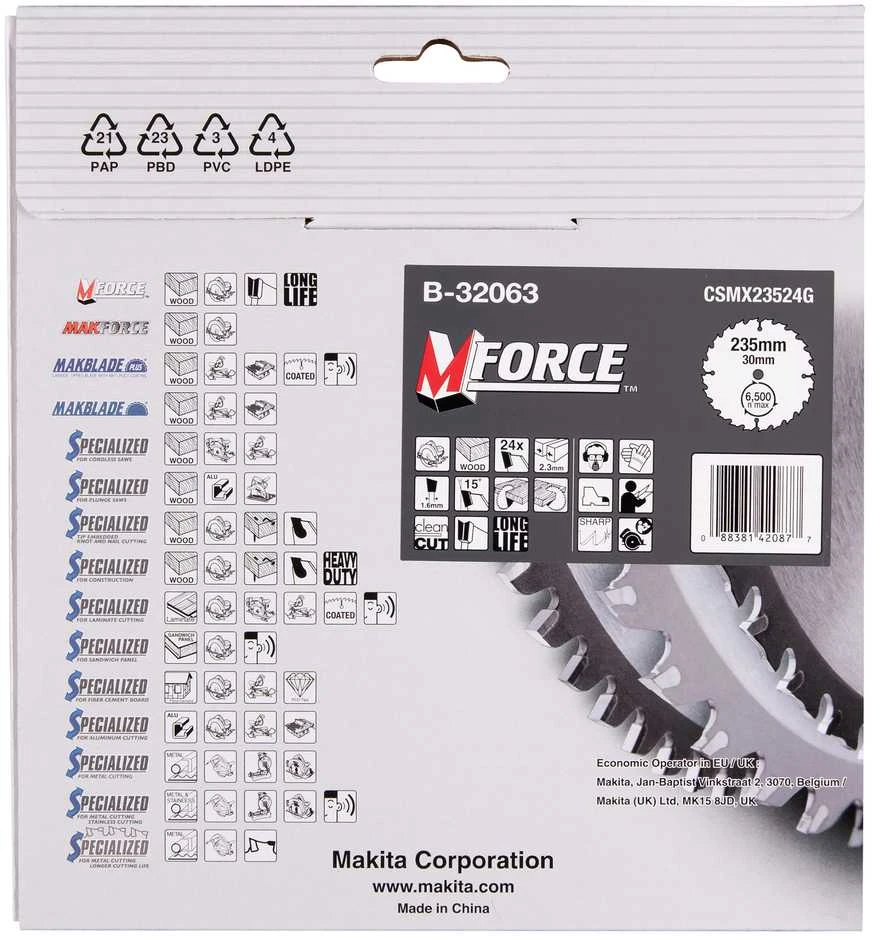 Makita T.C.T. pjūklas M-FORCE 235X2.3X30mm 15° T24 B-32063 T.C.T • 235 x30 mm • T24 • 15° • Medienai