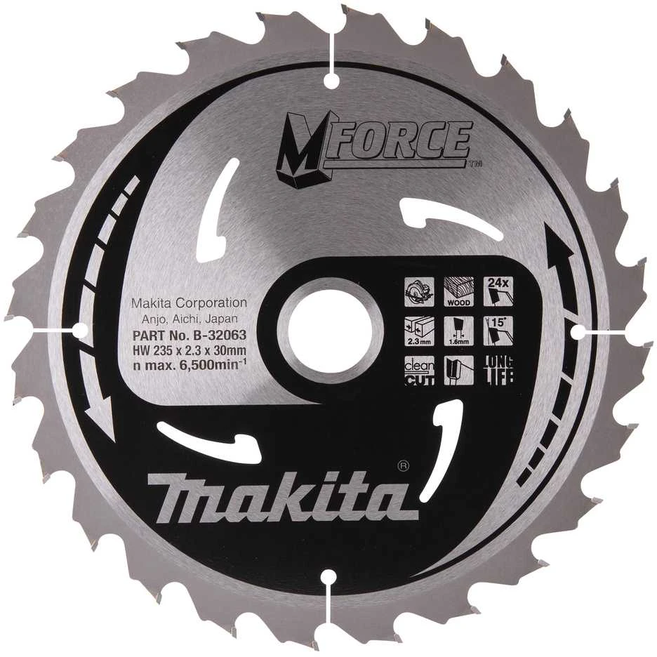 Makita T.C.T. pjūklas M-FORCE 235X2.3X30mm 15° T24 B-32063 T.C.T • 235 x30 mm • T24 • 15° • Medienai