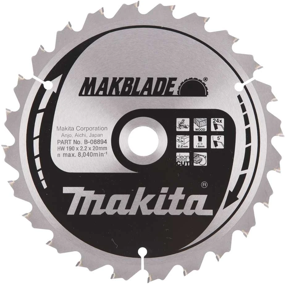 Makita T.C.T. pjūklas MAKBLADE 190X2.2X20mm 5° T24 B-08894 T.C.T • 190 x20 mm • T24 • 5° • Medienai