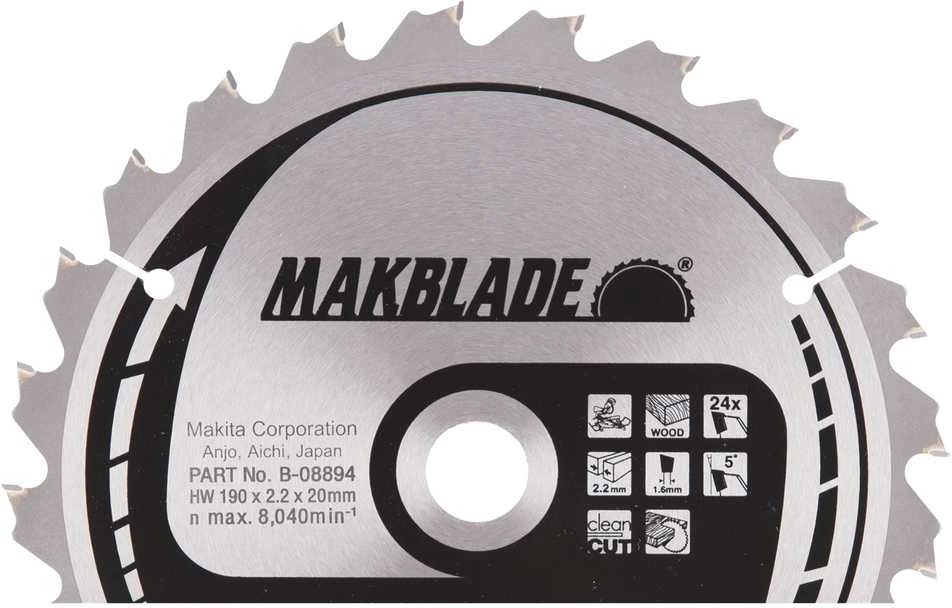 Makita T.C.T. pjūklas MAKBLADE 190X2.2X20mm 5° T24 B-08894 T.C.T • 190 x20 mm • T24 • 5° • Medienai