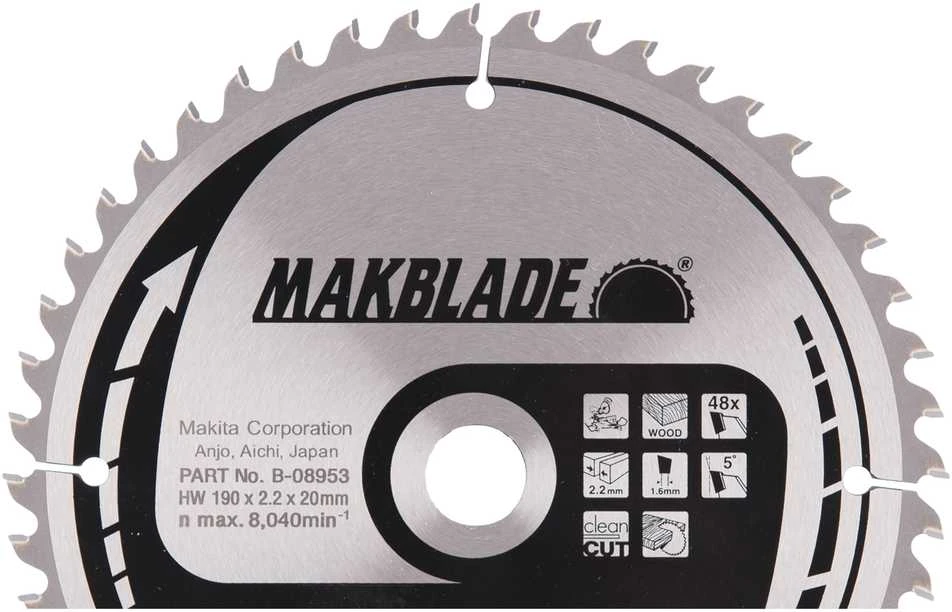 Makita T.C.T. pjūklas MAKBLADE 190X2.2X20mm 5° T48 B-08953 T.C.T • 190 x20 mm • T48 • 5° • Medienai