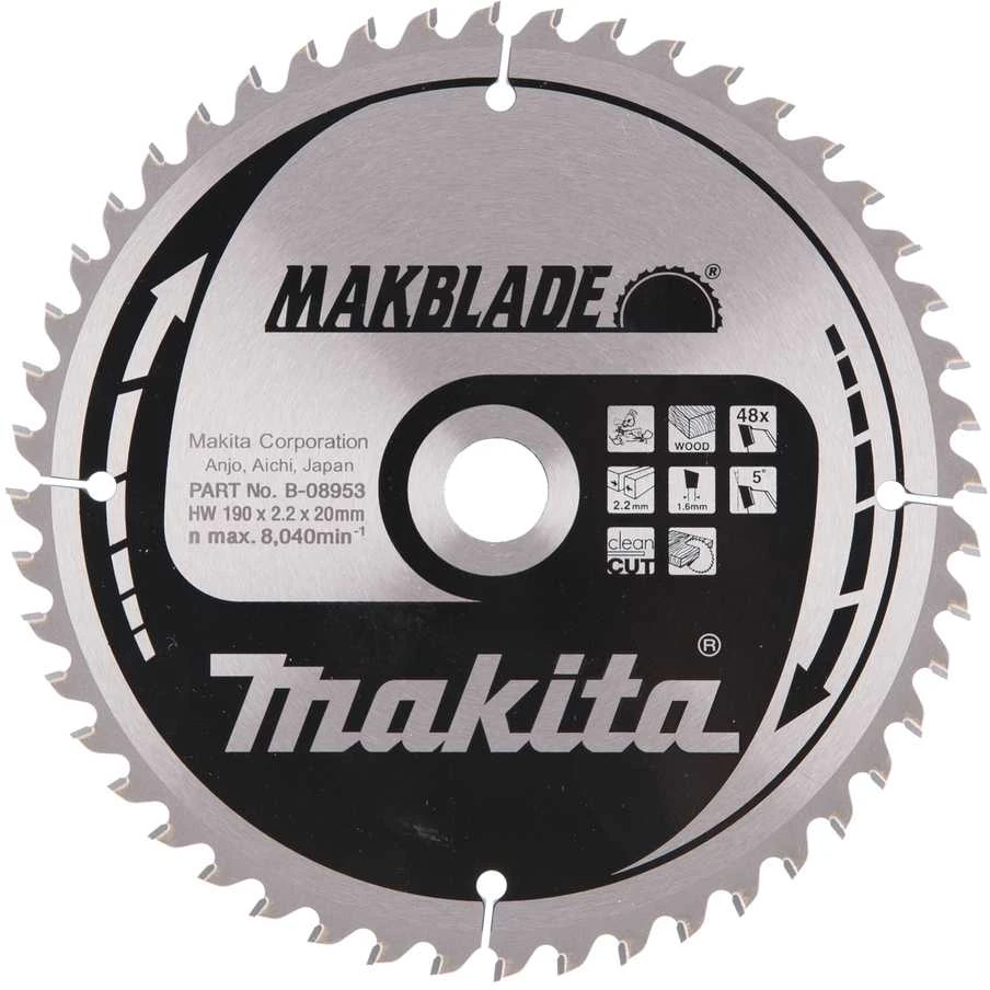 Makita T.C.T. pjūklas MAKBLADE 190X2.2X20mm 5° T48 B-08953 T.C.T • 190 x20 mm • T48 • 5° • Medienai