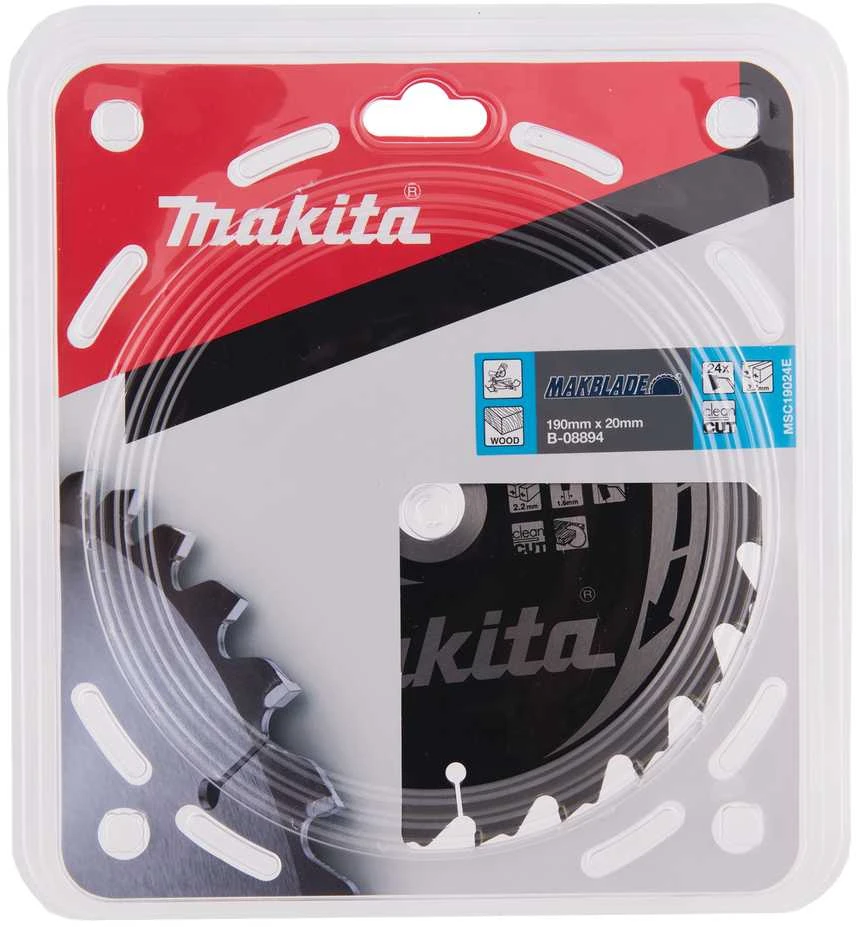 Makita T.C.T. pjūklas MAKBLADE 190X2.2X20mm 5° T24 B-08894 T.C.T • 190 x20 mm • T24 • 5° • Medienai