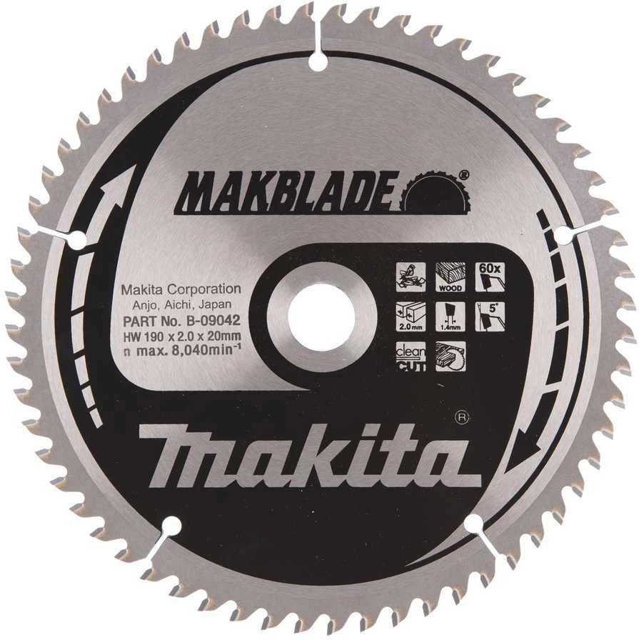 Makita T.C.T. pjūklas MAKBLADE 190X2X20mm 5° T60 B-09042 T.C.T • 190 x20 mm • T60 • 5° • Medienai