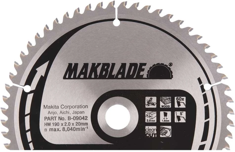 Makita T.C.T. pjūklas MAKBLADE 190X2X20mm 5° T60 B-09042 T.C.T • 190 x20 mm • T60 • 5° • Medienai