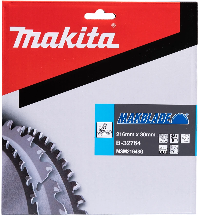 Makita T.C.T. pjūklas MAKBLADE 216X2.4X30mm 5° T48 T.C.T. pjūklas MAKBLADE 216X2.4X30mm 5° T48 T.C.T. pjūklas MAKBLADE 216X2.4X30mm 5° T48 B-32764 T.C.T • 216 x30 mm • T48 • 5° • Medienai