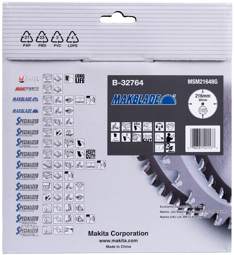 Makita T.C.T. pjūklas MAKBLADE 216X2.4X30mm 5° T48 T.C.T. pjūklas MAKBLADE 216X2.4X30mm 5° T48 T.C.T. pjūklas MAKBLADE 216X2.4X30mm 5° T48 B-32764 T.C.T • 216 x30 mm • T48 • 5° • Medienai