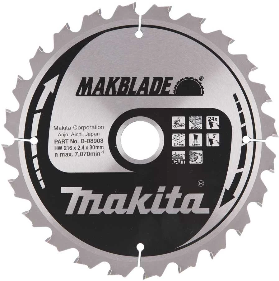 Makita T.C.T. pjūklas MAKBLADE 216X2.4X30mm 5° T24 B-08903 T.C.T • 216 x30 mm • T24 • 5° • Medienai