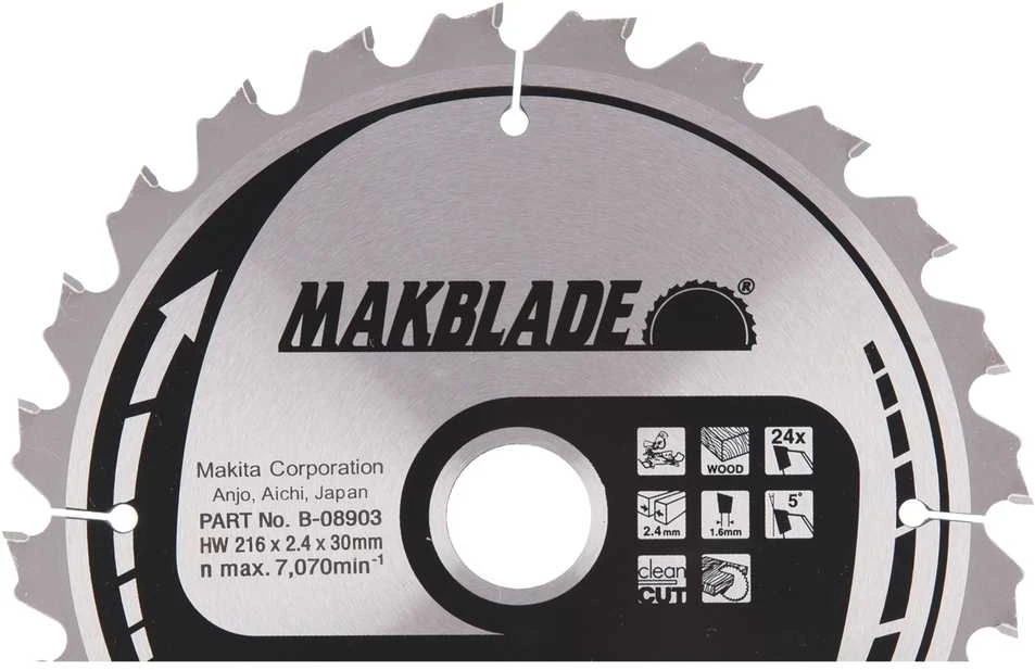 Makita T.C.T. pjūklas MAKBLADE 216X2.4X30mm 5° T24 B-08903 T.C.T • 216 x30 mm • T24 • 5° • Medienai