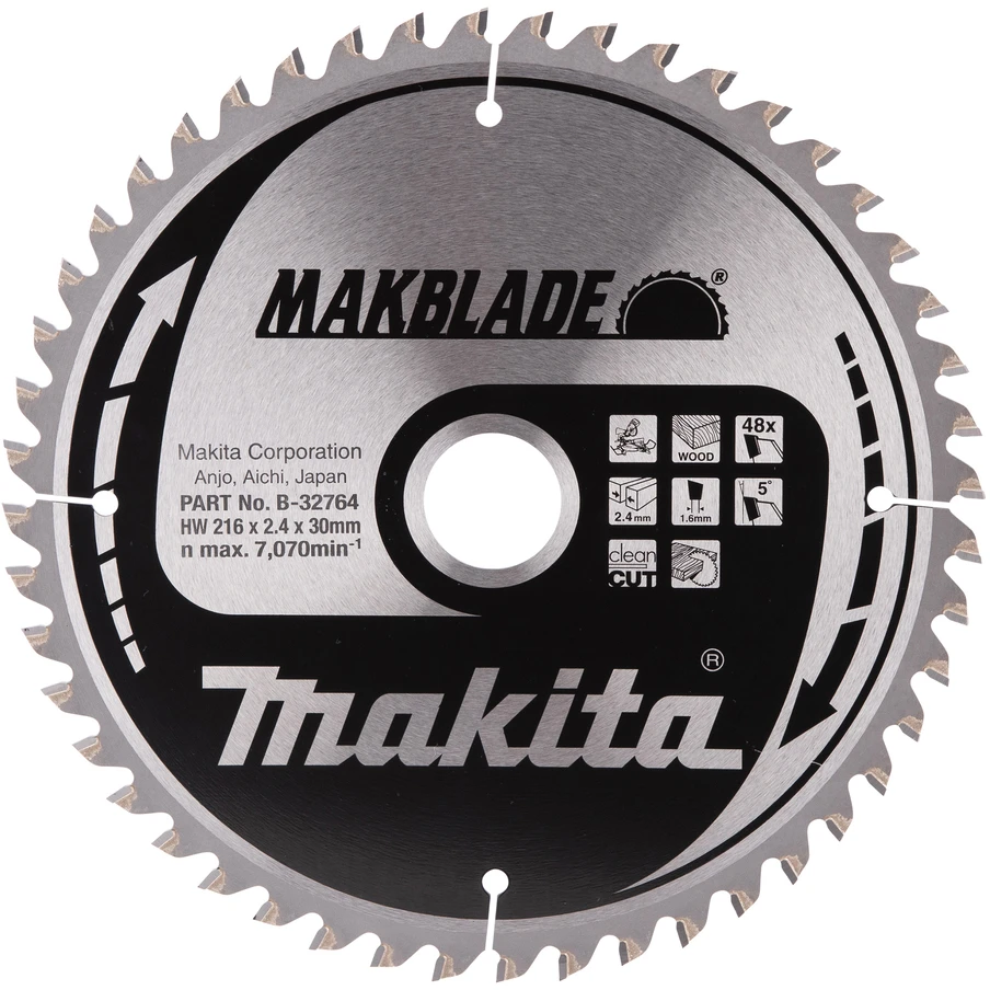 Makita T.C.T. pjūklas MAKBLADE 216X2.4X30mm 5° T48 T.C.T. pjūklas MAKBLADE 216X2.4X30mm 5° T48 T.C.T. pjūklas MAKBLADE 216X2.4X30mm 5° T48 B-32764 T.C.T • 216 x30 mm • T48 • 5° • Medienai