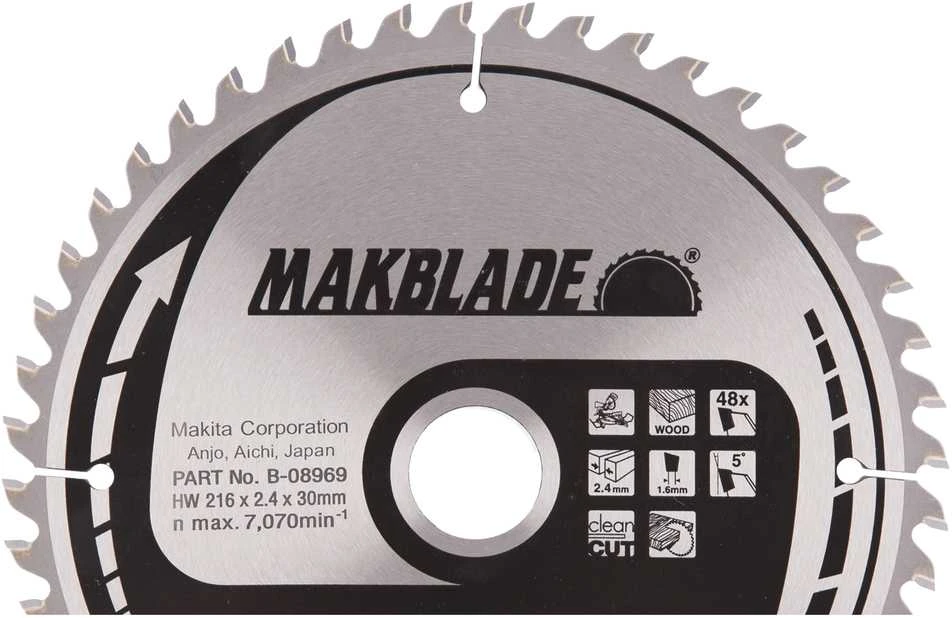 Makita T.C.T. pjūklas MAKBLADE 216X2.4X30mm 5° T48 B-08969 T.C.T • 216 x30 mm • T48 • 5° • Medienai