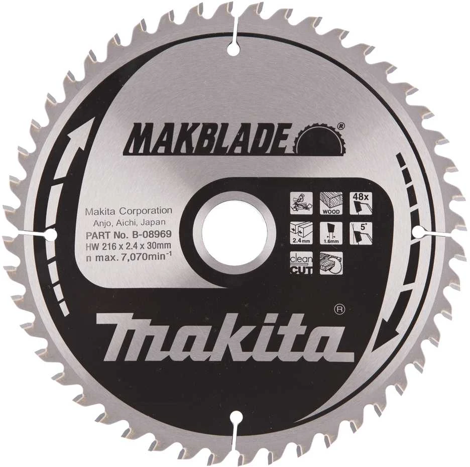 Makita T.C.T. pjūklas MAKBLADE 216X2.4X30mm 5° T48 B-08969 T.C.T • 216 x30 mm • T48 • 5° • Medienai