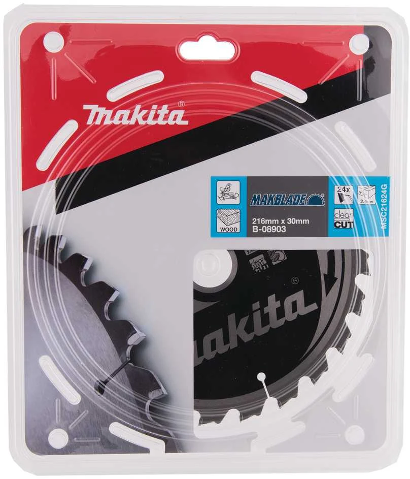 Makita T.C.T. pjūklas MAKBLADE 216X2.4X30mm 5° T24 B-08903 T.C.T • 216 x30 mm • T24 • 5° • Medienai