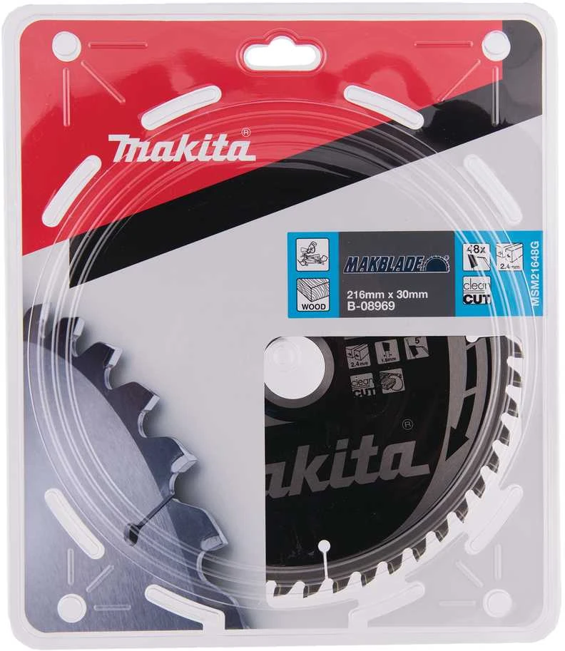 Makita T.C.T. pjūklas MAKBLADE 216X2.4X30mm 5° T48 B-08969 T.C.T • 216 x30 mm • T48 • 5° • Medienai