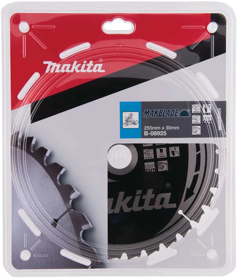 Makita T.C.T. pjūklas MAKBLADE 255X2.3X30mm 5° T32 B-08925 T.C.T • 255 x30 mm • T32 • 5° • Medienai