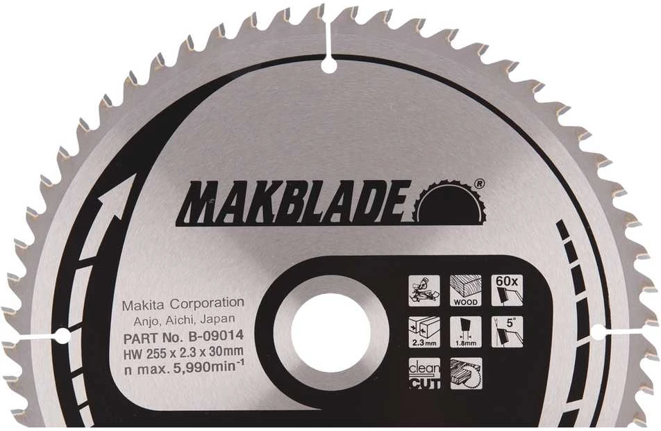 Makita T.C.T. pjūklas MAKBLADE 255X2.3X30mm 5° T60 B-09014 T.C.T • 255 x30 mm • T60 • 5° • Medienai