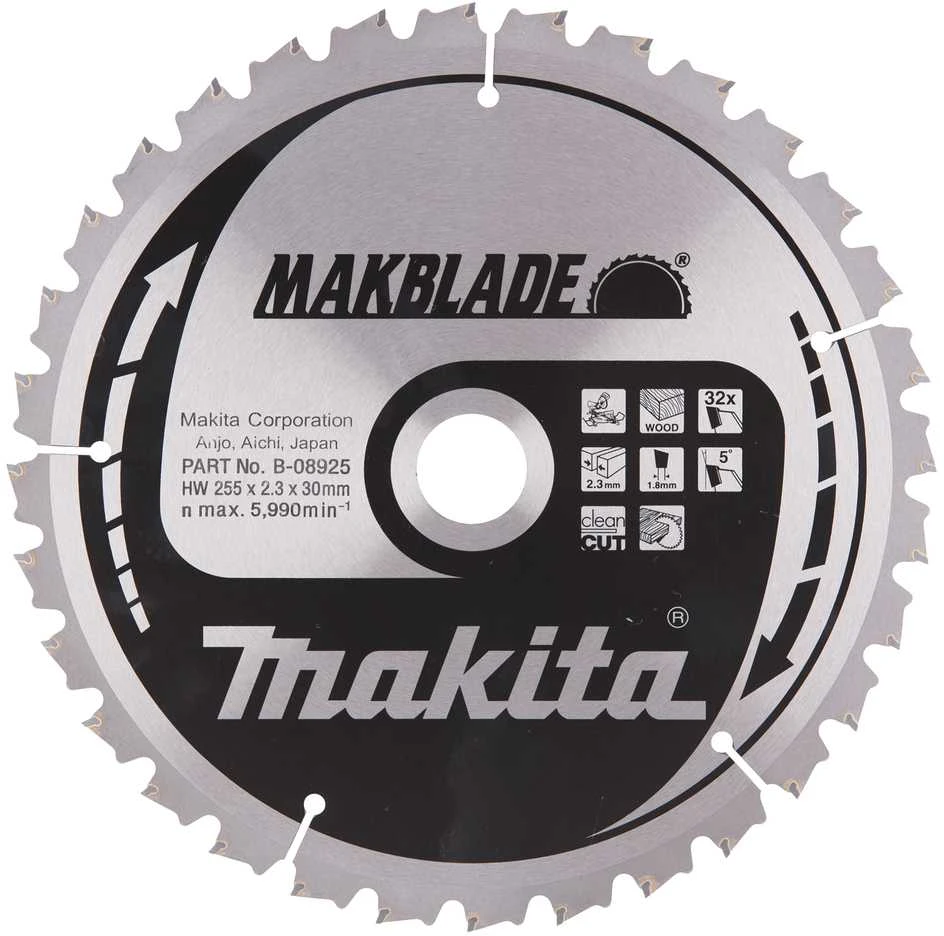 Makita T.C.T. pjūklas MAKBLADE 255X2.3X30mm 5° T32 B-08925 T.C.T • 255 x30 mm • T32 • 5° • Medienai